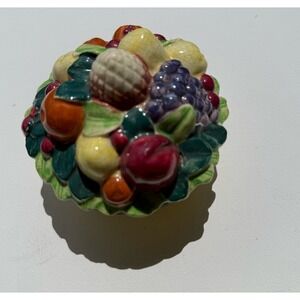 Majolica Style Ceramic Fruit Basket Lidded Sugar Bowl Trinket Box Made in Japan